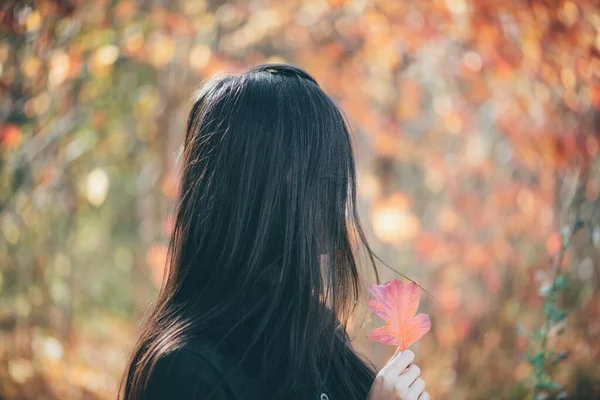 Marzycielska Piękna Dziewczyna Długimi Czarnymi Włosami Jesiennym Tle Kolorowymi Liśćmi — Zdjęcie stockowe