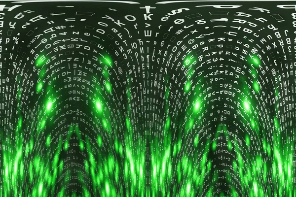 绿色矩阵数字背景 扭曲的网络空间概念 字符掉落 来自符号流的矩阵 虚拟现实设计 复杂的算法数据黑客 绿色数字火花 — 图库照片