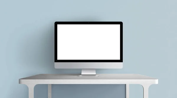 Desktop with blank computer screen. Front view Mock up. 3d illustration