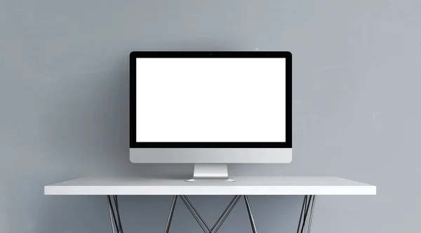 Desktop with blank computer screen. Front view Mock up. 3d illustration