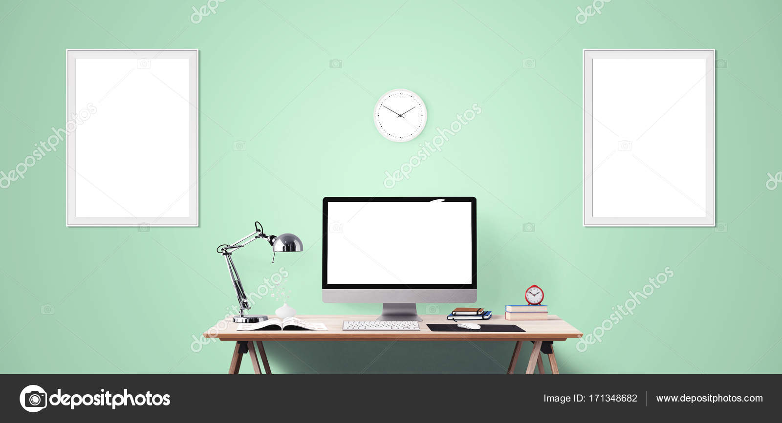 Computer Display And Office Tools On Desk Desktop Screen Computer Display And Office Tools On Desk Desktop Screen Isolated Modern Creative Workspace Background Front View