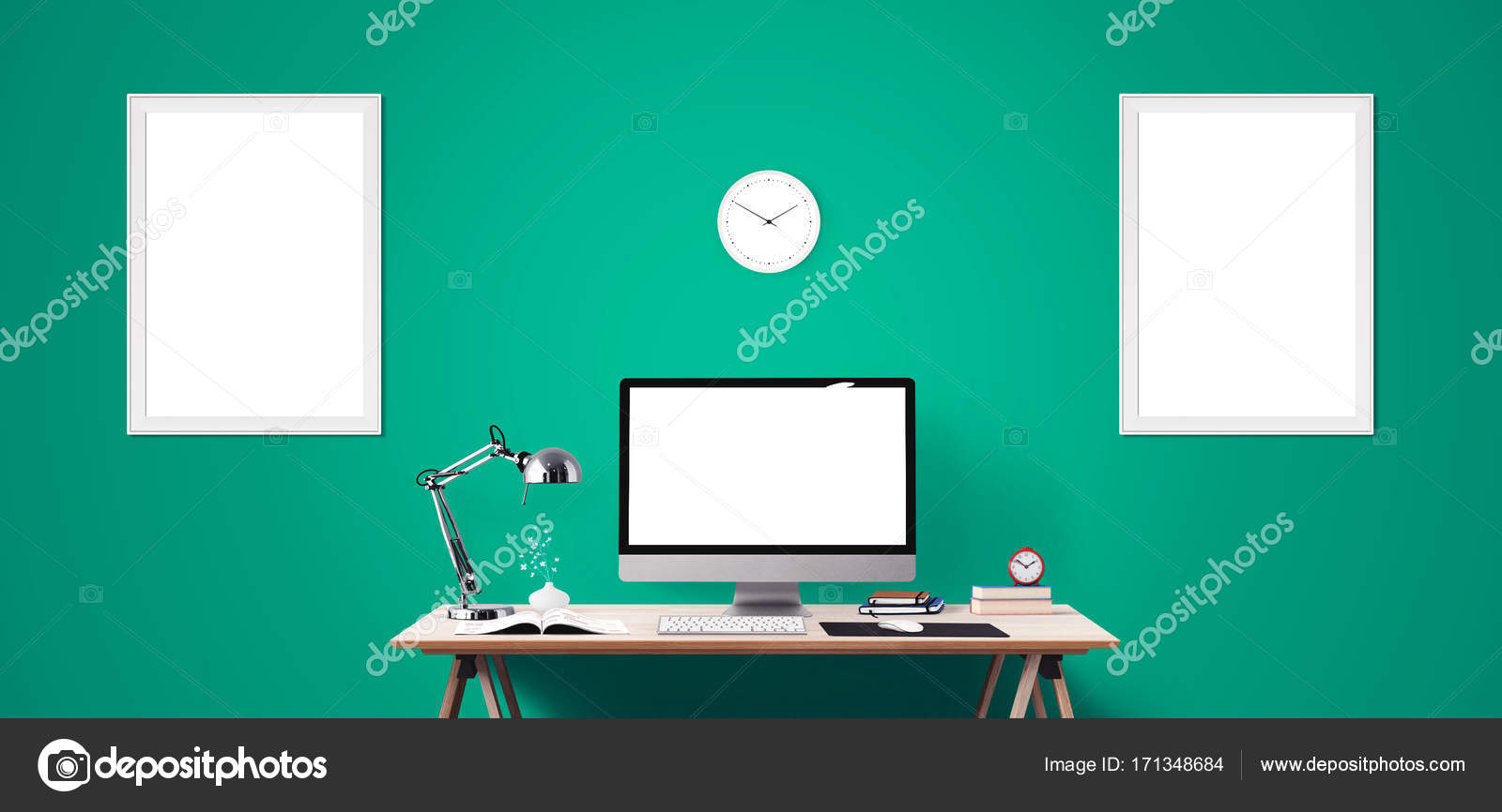 Computer Display And Office Tools On Desk Desktop Screen Computer Display And Office Tools On Desk Desktop Screen Isolated Modern Creative Workspace Background Front View