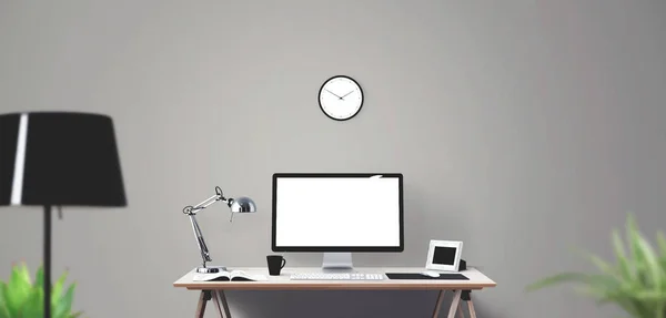 Computer display and office tools on desk. Desktop computer screen isolated. Modern creative workspace background. Front view.