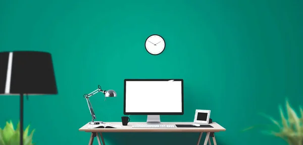 Computer display and office tools on desk. Desktop computer screen isolated. Modern creative workspace background. Front view.