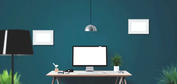 Computer display and office tools on desk. Desktop computer screen isolated. Modern creative workspace background. Front view.