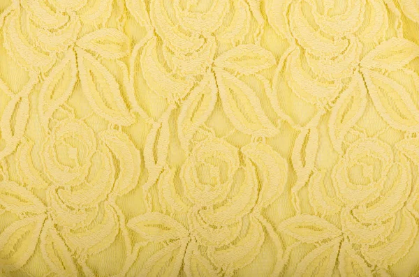 Primo Piano Texture Pizzo Giallo Con Motivo Floreale Sfondo Bianco — Foto Stock