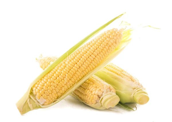 Roher Mais Mit Grünen Blättern Auf Weißem Hintergrund — Stockfoto