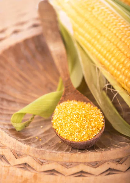 Flour Corn Spoon Cereal Sackcloth Table Cob Background Dark Wooden — Stock Photo, Image