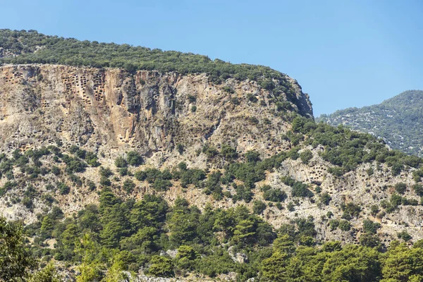 Crag Rock Cut Tombs Towering Ruins Ancient Lycian City Pinara — Stock Photo, Image
