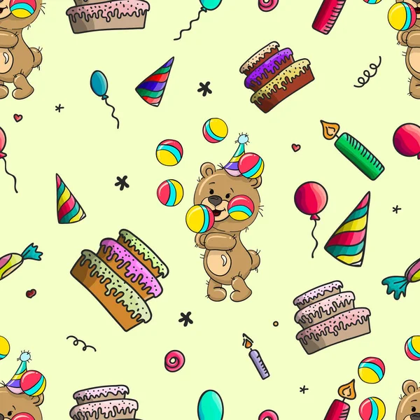 Bright seamless birthday pattern. Colourful doodles birthday objects. Can be used for web page backgrounds, wallpapers, wrapping papers or invitations.Teddy bear juggler