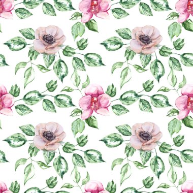 Beyaz arka planda dikişsiz sulu boya desenleri. Kumaş baskısı için baskı hassas şakayıklar ve yeşil çarşaflar