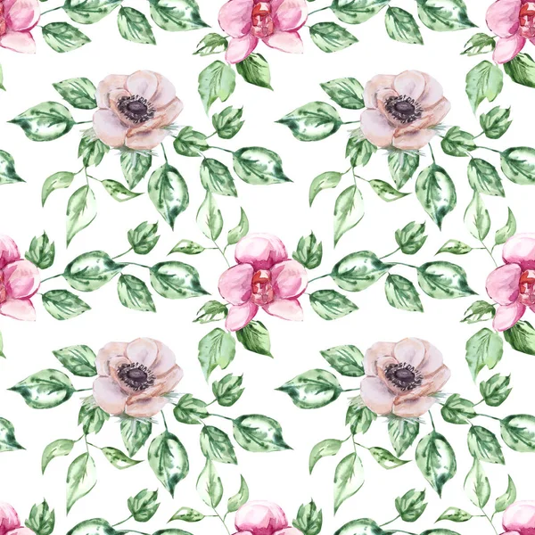 Acquerello modelli di fiori di anemone senza soluzione di continuità su uno sfondo bianco. stampa per la stampa di tessuti delicati anemoni e fogli verdi — Foto Stock