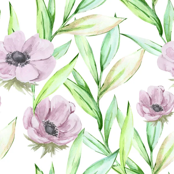 Padrões de aquarela de flores anêmona sem costura em um fundo branco. impressão para impressão de tecidos anêmonas delicadas e folhas verdes — Fotografia de Stock