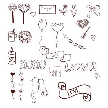 Sevgililer günü için elle çizilmiş karalamalar kümesi.