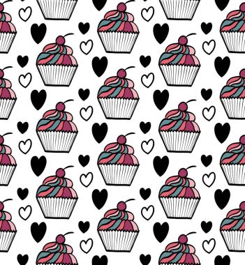 Cupcake ve siyah kupa seamless modeli.