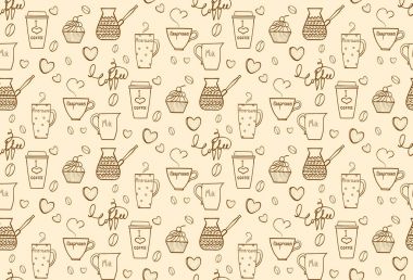 Elle çizilmiş doodle kahve seamless modeli.