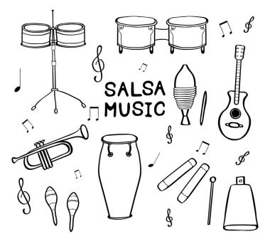 Elle çizilmiş salsa müzik aletleri kümesi.