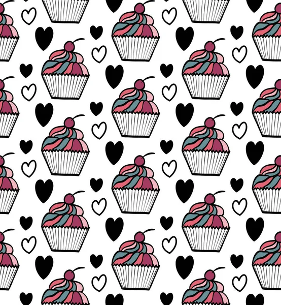Cupcake und schwarze Herzen nahtlose Muster. — Stockvektor