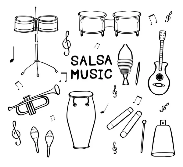 Set of hand drawn salsa musical instruments. — Stock Vector