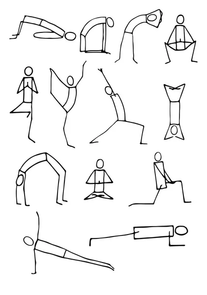 Set hand getrokken stickman yoga houdingen. — Stockvector