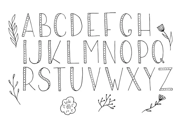 Alfabeto vectorial dibujado a mano con puntos y garabatos flores y hojas aisladas sobre fondo blanco . — Archivo Imágenes Vectoriales