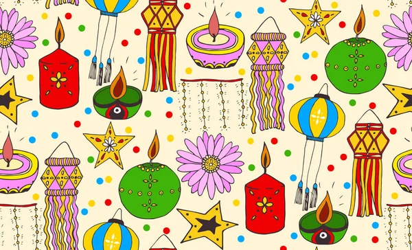 Nahtloses Muster mit Vektor handgezeichneten Diwali-Doodle-Objekten. — Stockvektor
