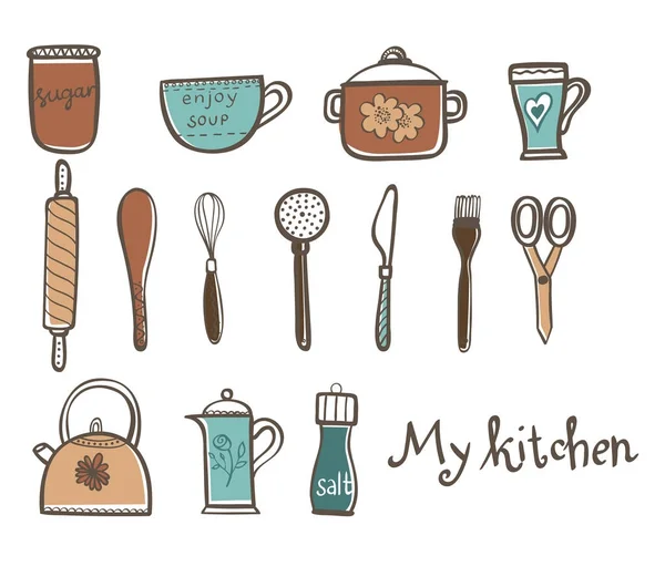 Set de utensilios de cocina doodle . — Vector de stock