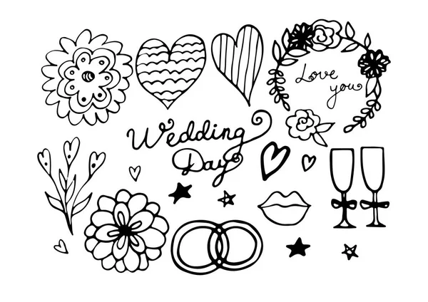 Uppsättning av bröllop dag doodles. — Stock vektor