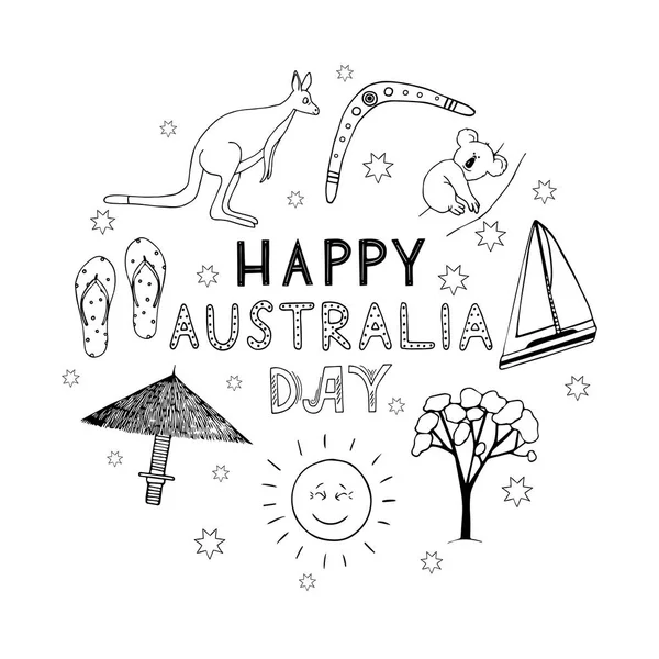 Lettrage dessiné à la main avec des symboles australiens doodle pour Australi — Image vectorielle