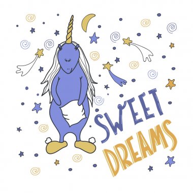 Yastık ve Sweet Dreams yazı olan bir sevimli çizgi at.