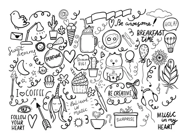 Conjunto de doodles artesanais com letras motivaton . —  Vetores de Stock