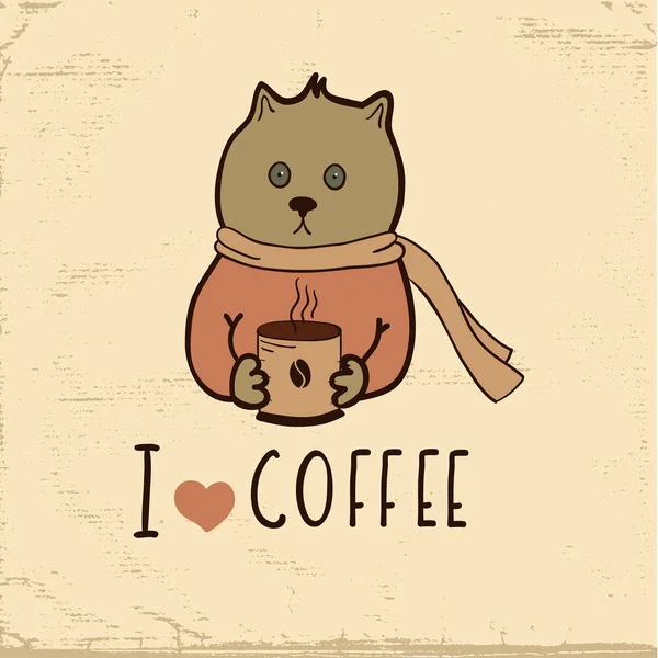 Lindo gato dibujado a mano con taza de café y frase - Me encanta el café — Vector de stock