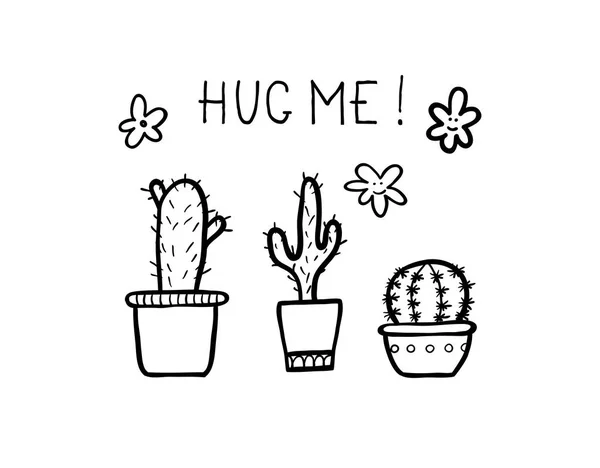 Set of handmade doodle cactuses with mphrase - Hug me. — Stock Vector