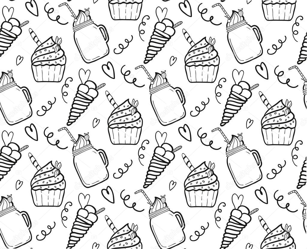 Seamless pattern with outline sweets.