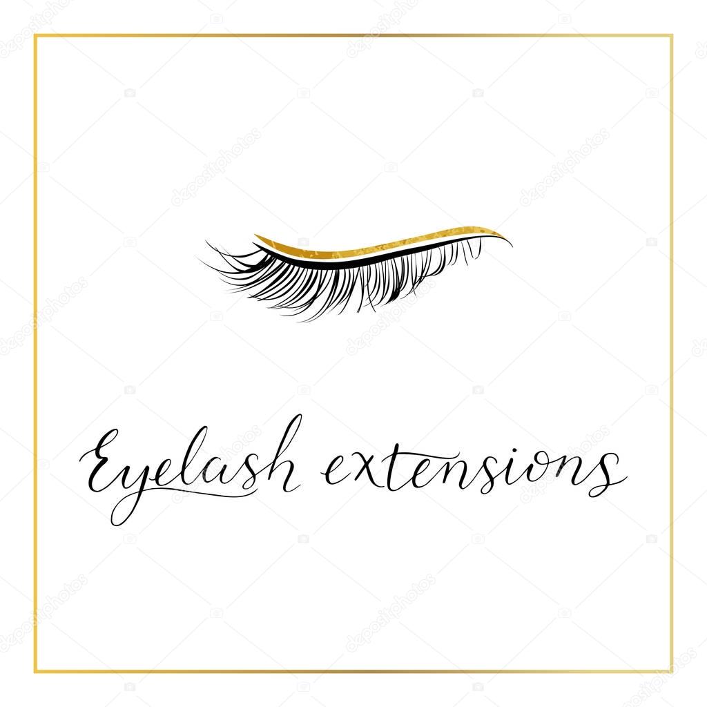 Eyelash extensions logo with golden texture. Modern lettering. Ideal  for lashes extensions salons, beauty shops, lash extensions makers etc.