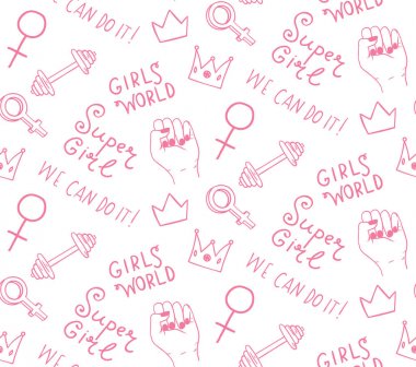 Şirin el yazı - kızlar dünya vb çekilmiş. Vektör el yapımı feminist sloganı.