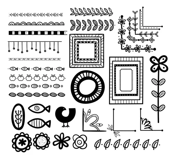 Set of hand drawn borders, frames, corners, design elements in s — Stock Vector