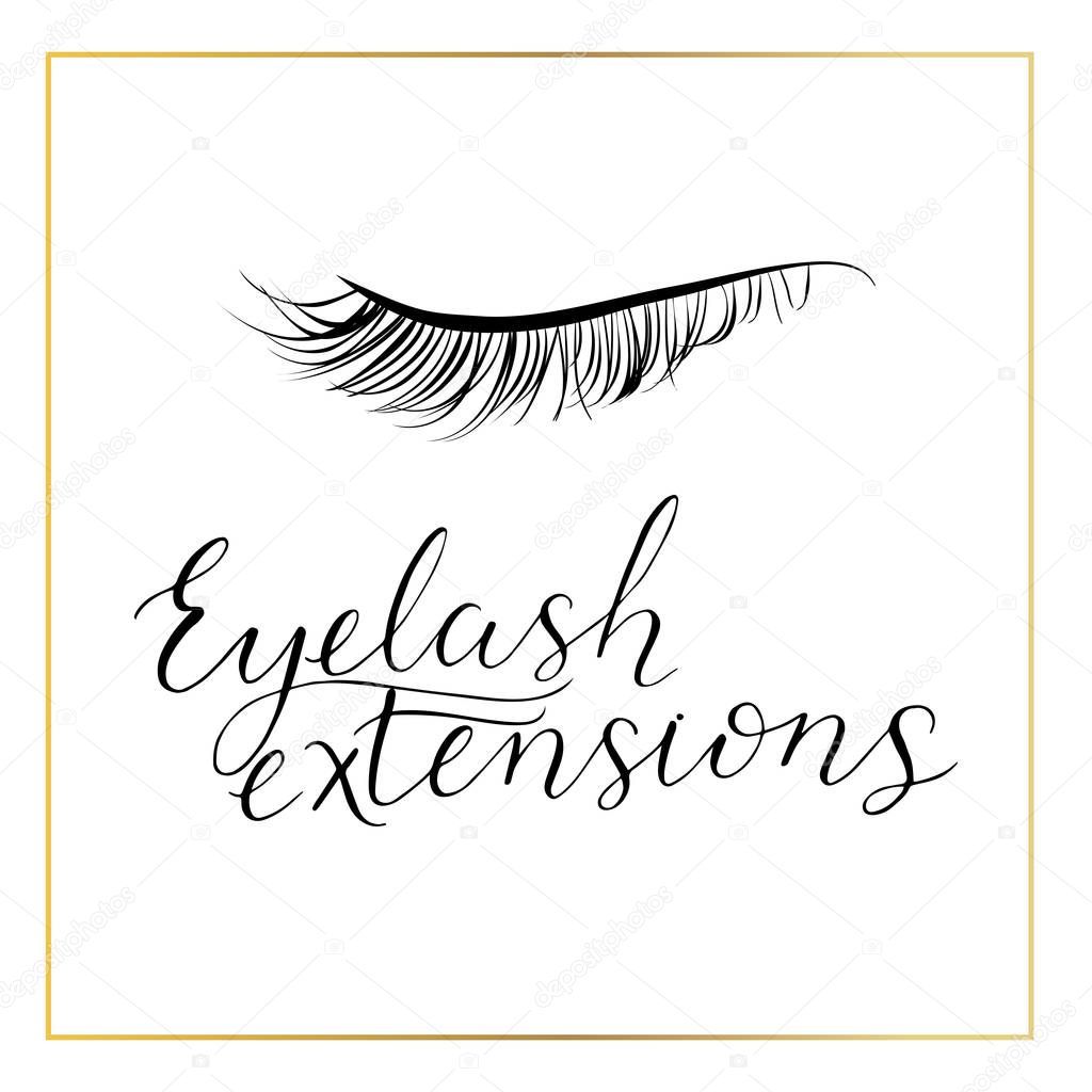 Eyelash extensions logo with modern lettering in golden frame. Hand made calligraphy. Great for lashes extensions salons, beauty shops etc.
