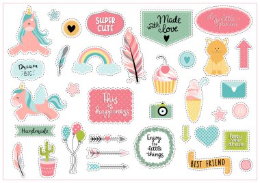 Renkli scrapbooking çıkartmaları - tek boynuzlu at, cupcake, buz cr kümesi