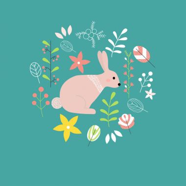 İskandinav tarzı çiçek elemanları ile bir sevimli pembe tavşan. 