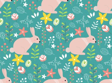 Yabani tavşan ve çiçek öğeleri ile Seamless Modeli.