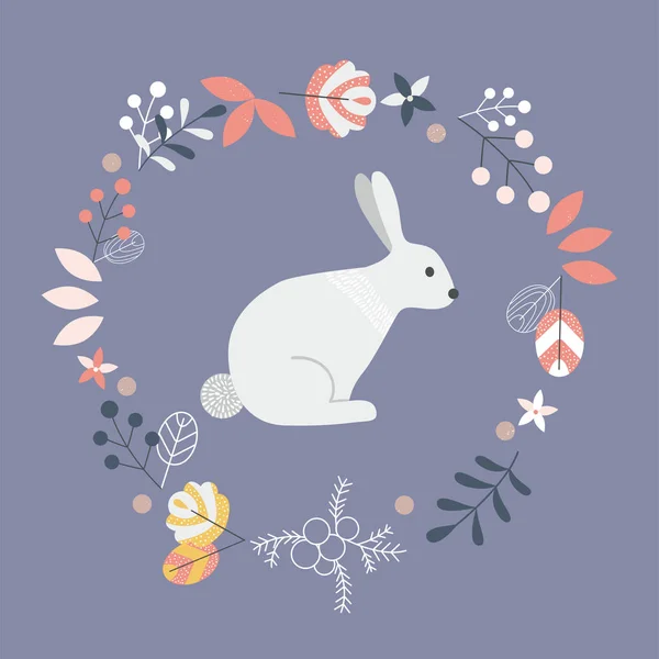 Cute hare in a frame of leaves, berries and flowers. — Stock Vector