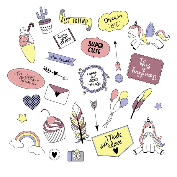 Collectie van doodles - eenhoorns, cupcake, ijs, regenboog, c — Stockvector