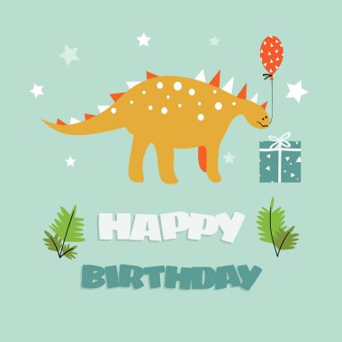 Doğum günü tebrik kartı ile turuncu çizgi film dinozor balon ile