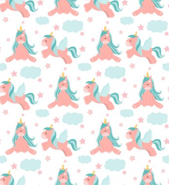 Tek boynuzlu atlar, yıldız ve bulutlar ile Seamless Modeli. 