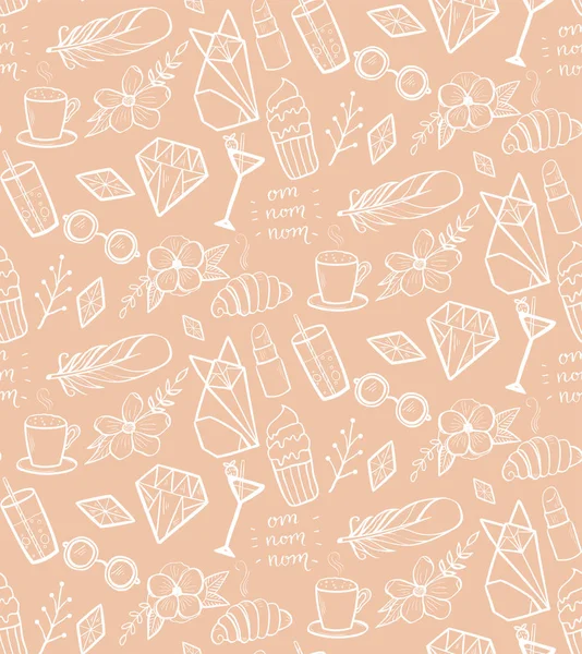 Nahtloses Muster mit handgezeichneten weißen Elementen auf rosa Hintergrund — Stockvektor