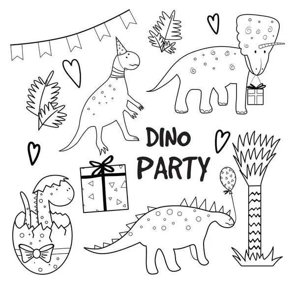 Collectie overzicht dinosaurussen met elementen van de partij. — Stockvector