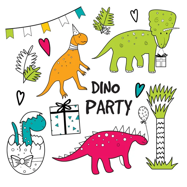 Collectie van doodle lijn dinosauriërs met elementen van de partij — Stockvector