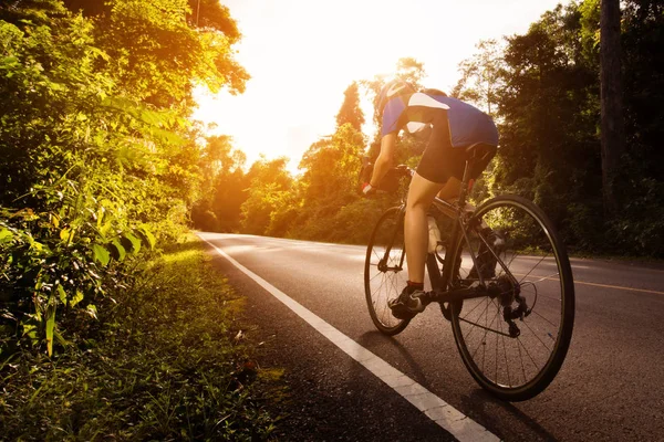 Ciclista hembra am El sendero en el bosque y las montañas — Foto de Stock