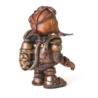 Steampunk robot. Tavşan aracı yumurta. Cyberpunk tarzı. Krom ve bronz parçaları. Beyaz izole.